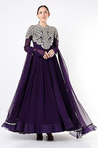 violet embroidered anarkali set