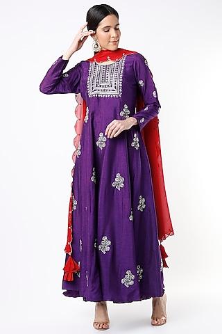 violet embroidered anarkali set