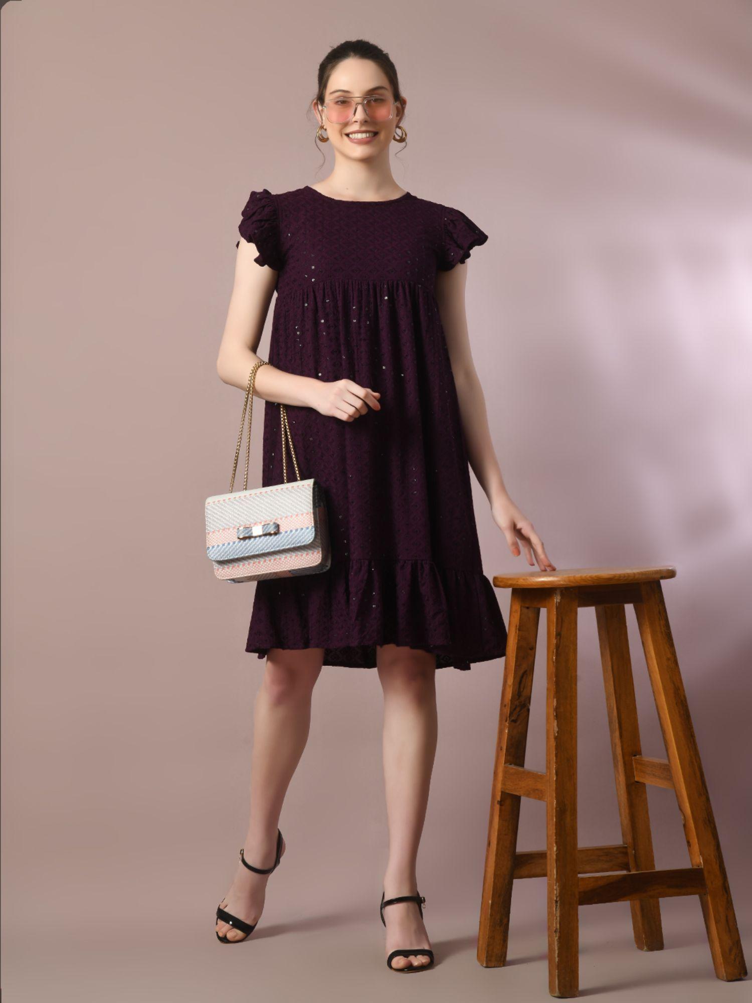 violet embroidered cotton round neck a-line party dress