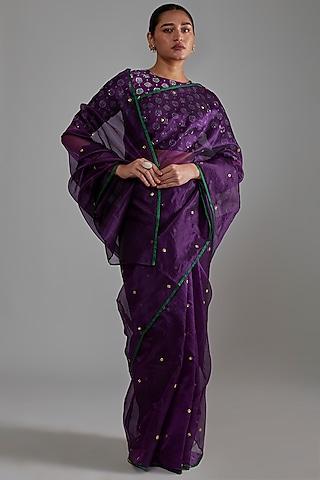 violet embroidered saree set