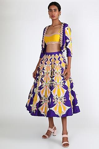 violet embroidered short lehenga set with jacket