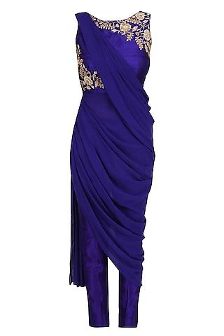 violet floral work drape saree with straight pants