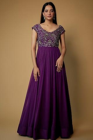 violet georgette embroidered dress