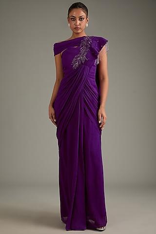 violet georgette hand embroidered draped saree