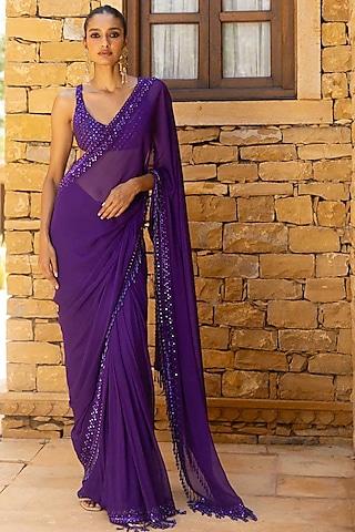 violet georgette hand embroidered saree set