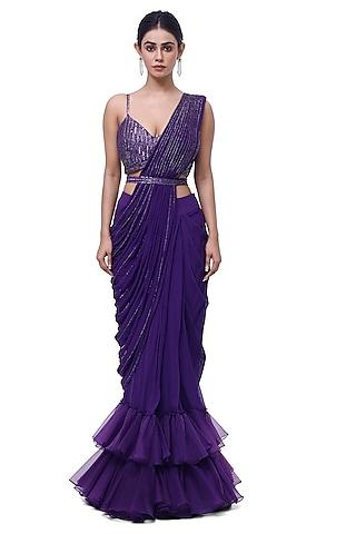 violet georgette ruffled draped saree set