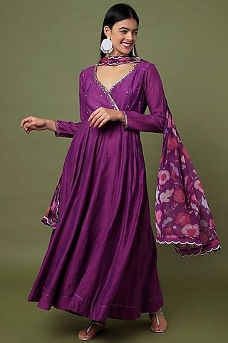 violet hand embroidered anarkali set