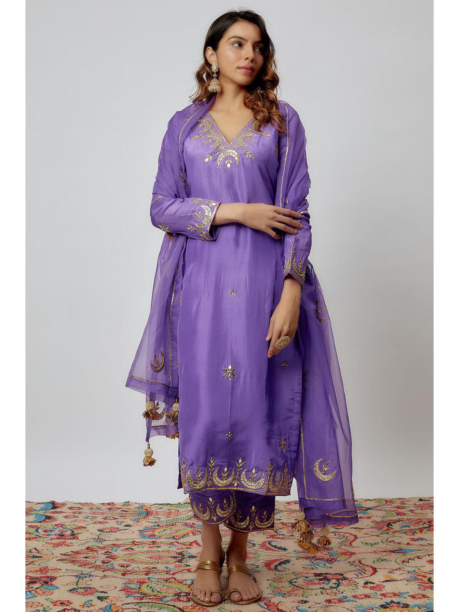 violet hand embroidered kurta (set of 3)