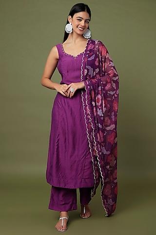violet hand embroidered kurta set