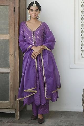 violet hand embroidered kurta set