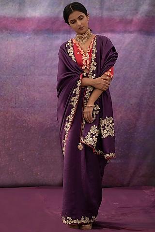 violet hand embroidered saree set