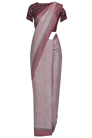 violet handwoven saree and maroon blouse set