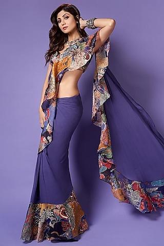 violet indian organza printed ruffled saree set