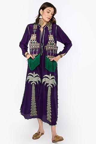violet indian silk uppada motif hand embroidered column dress