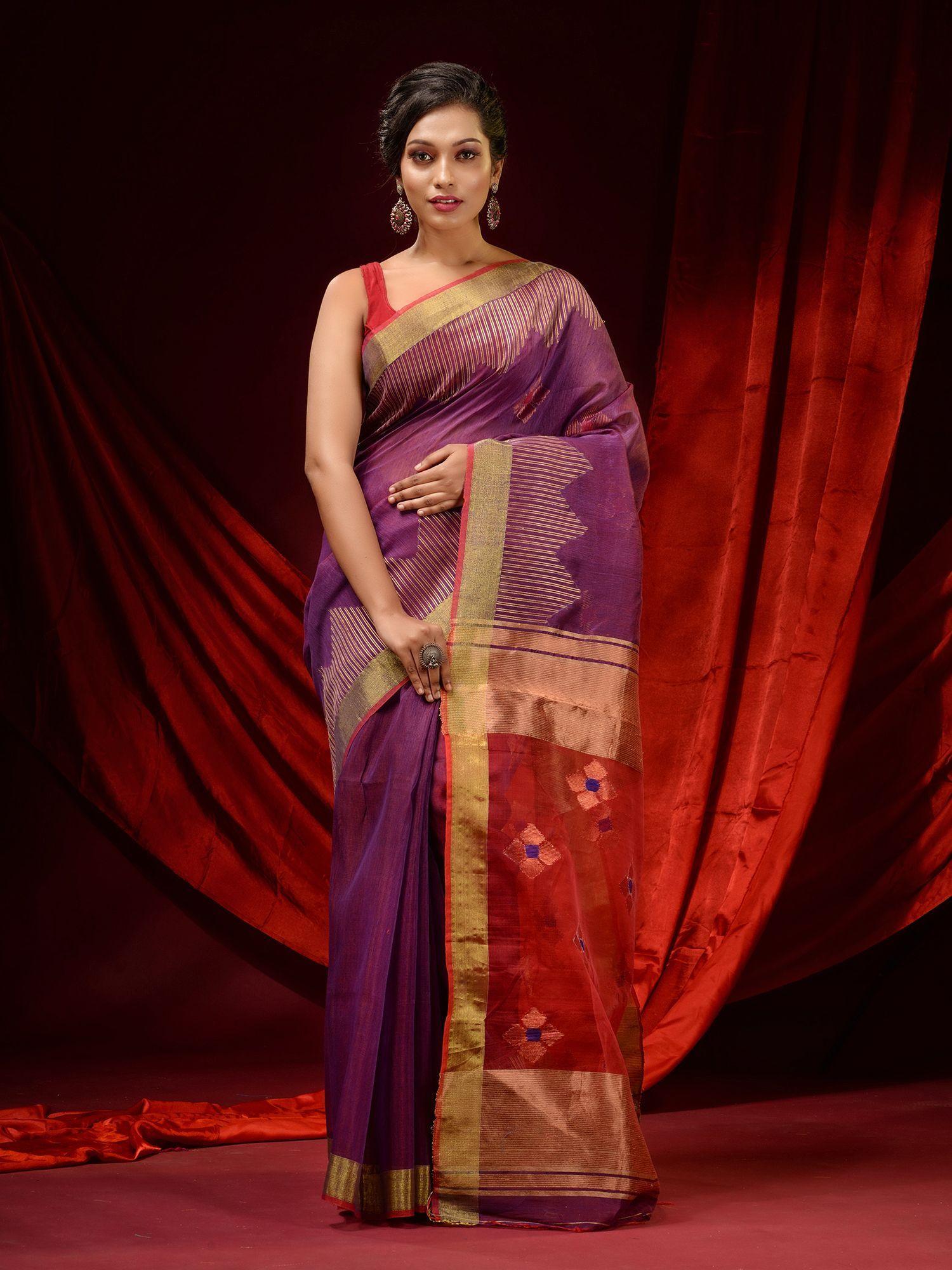 violet linen handwoven temple borders & woven floral motifs saree with unstitched blouse