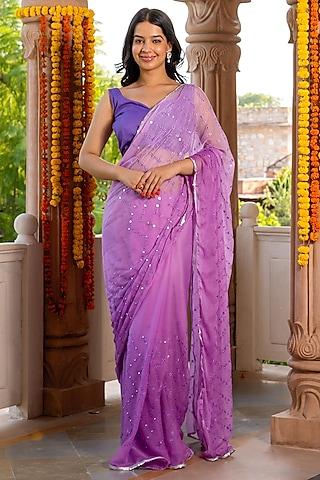 violet ombre blended fabric mirror embroidered saree