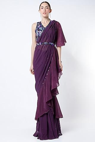 violet organza georgette draped saree set