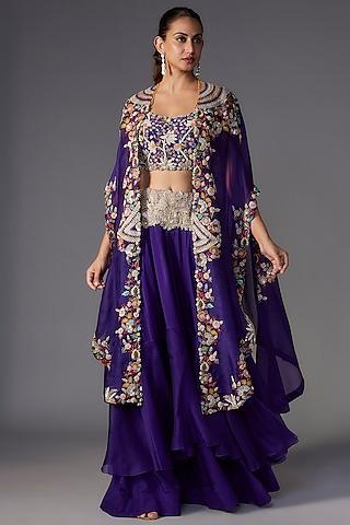 violet organza sequins & thread embroidered cape set