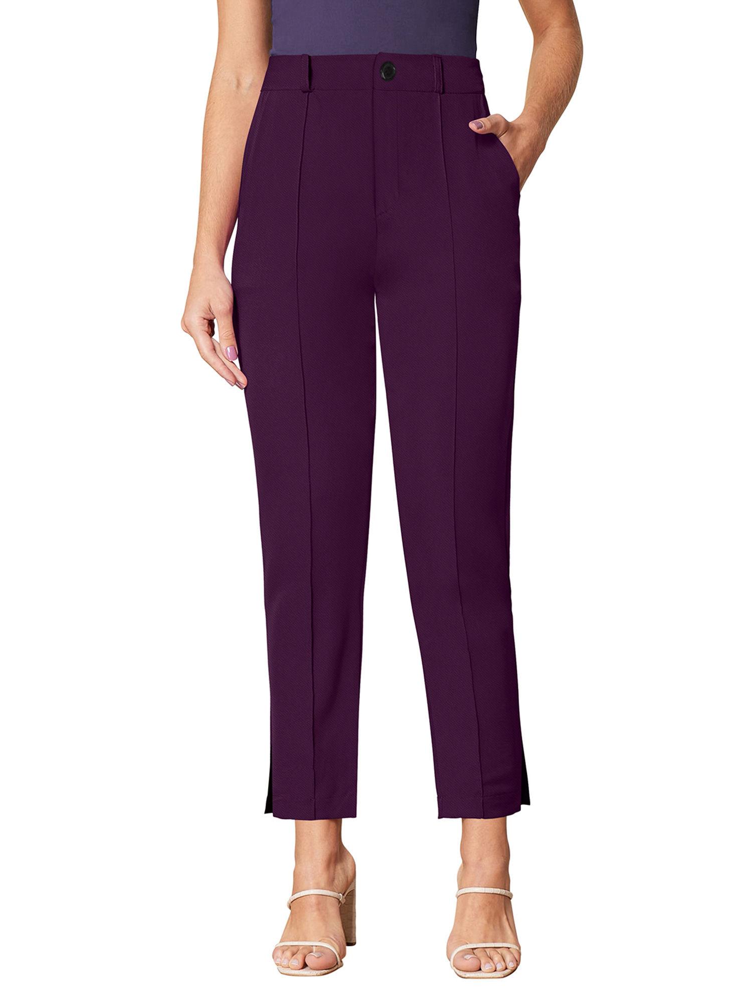 violet polyester solid trouser for women