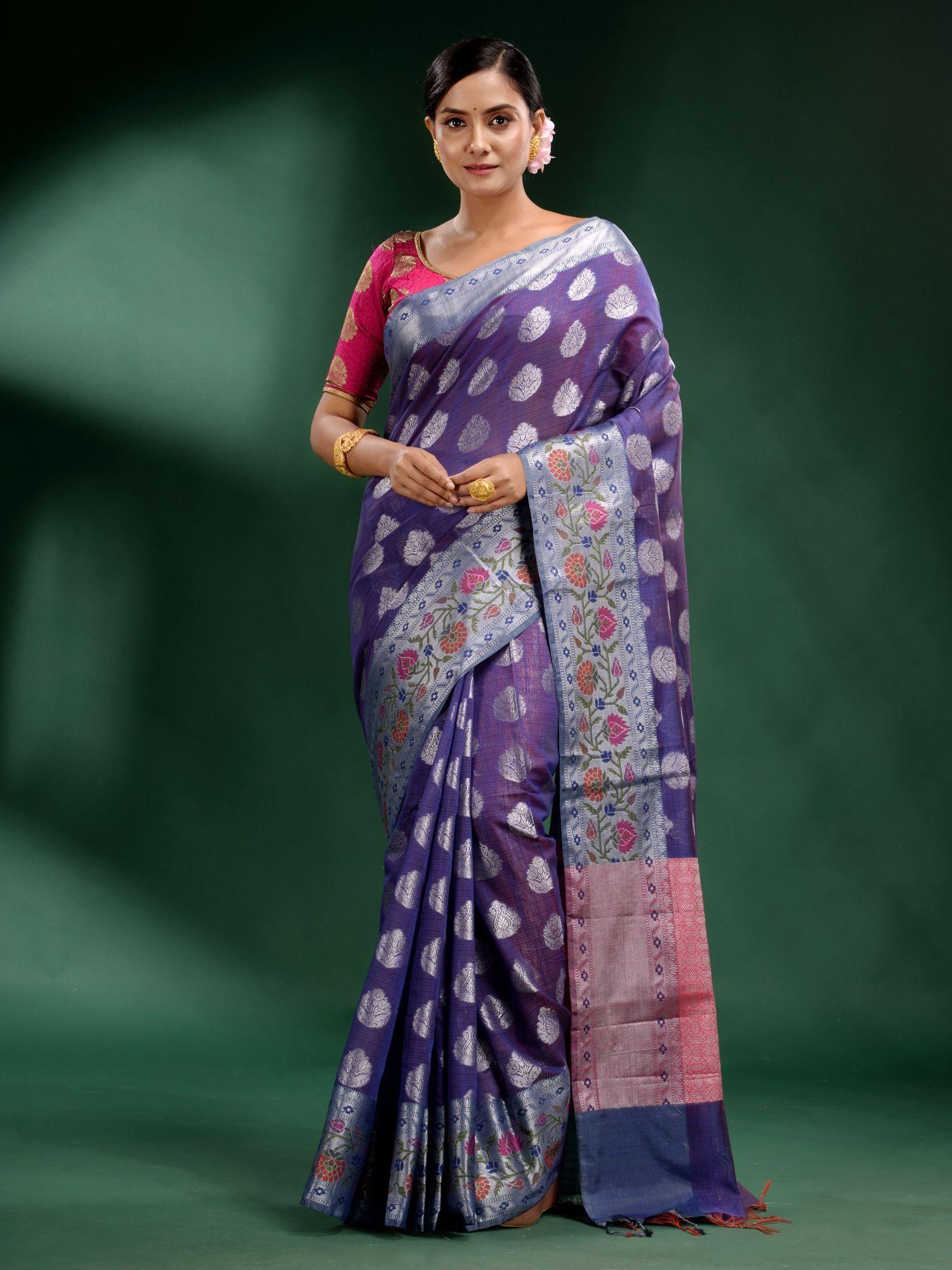 violet pure silk handwoven soft saree with unstitched blouse