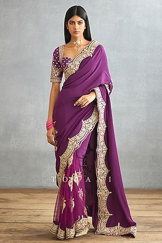 violet silk crepe & cotton silk embroidered saree