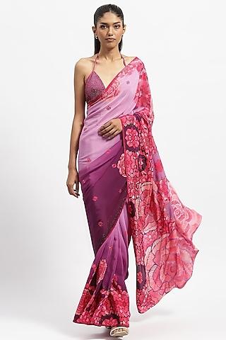 violet silk crepe glass bugle embellished saree