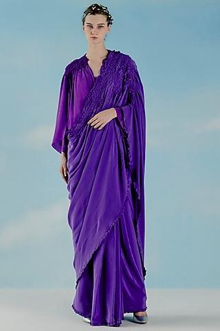 violet silk crepe smocked skirt saree