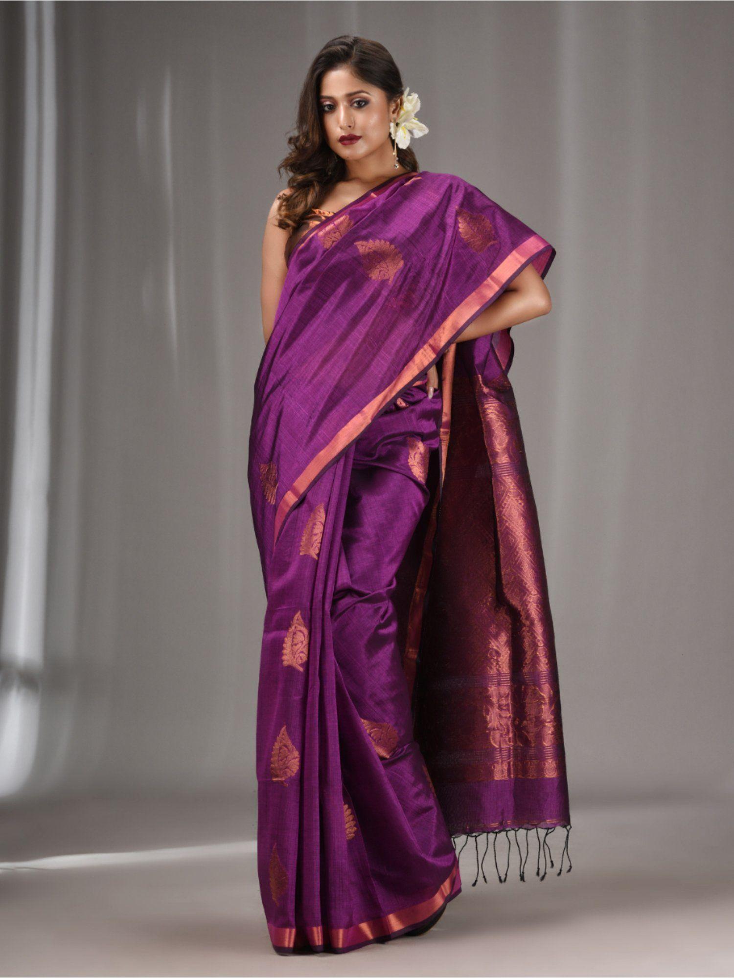 violet silk matka handwoven saree with woven zari border with unstitched blouse