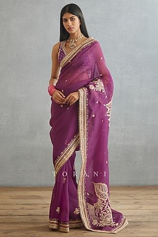 violet silk organza & cotton silk embroidered saree