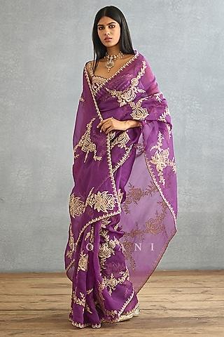 violet silk organza embroidered saree