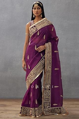 violet silk organza embroidered saree
