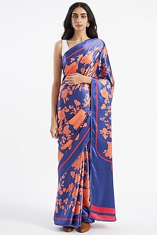 violet silk satin floral printed pali saree