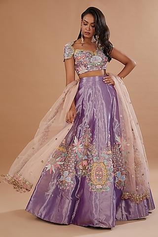 violet tissue applique embellished lehenga set