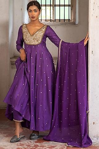 violet upada silk & chinon chiffon embroidered anarkali set