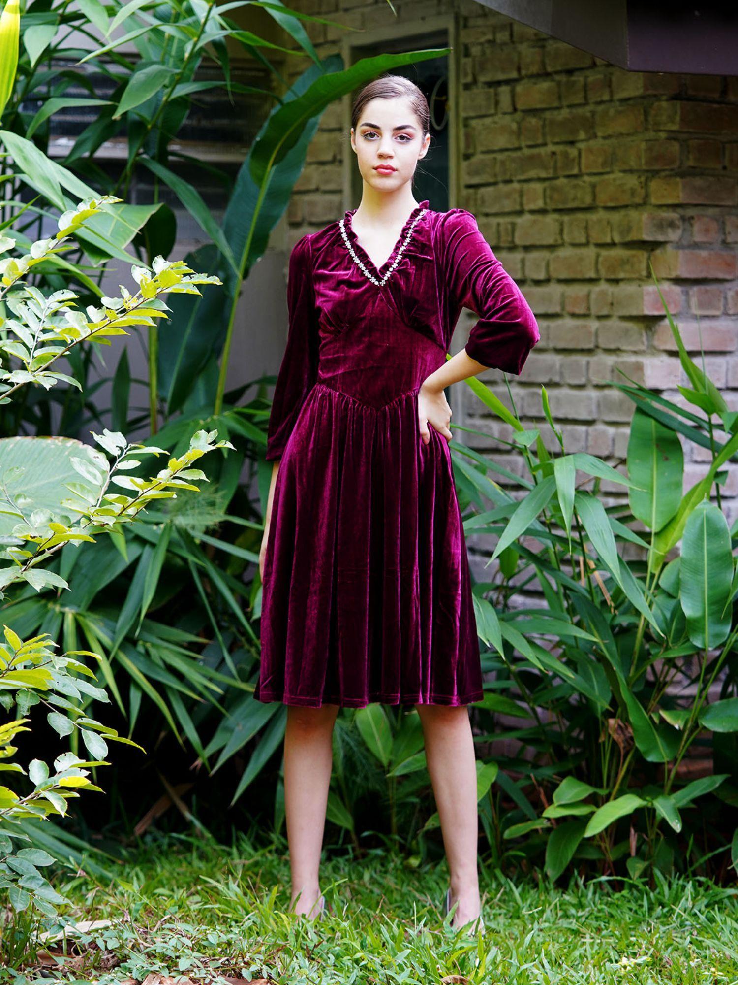 violet velvet long solid dress