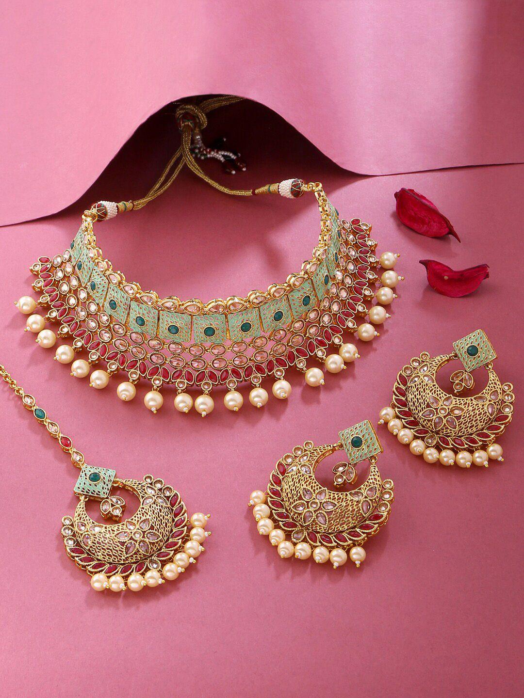 viraasi gold-plated green stone studded bridal jewellery set
