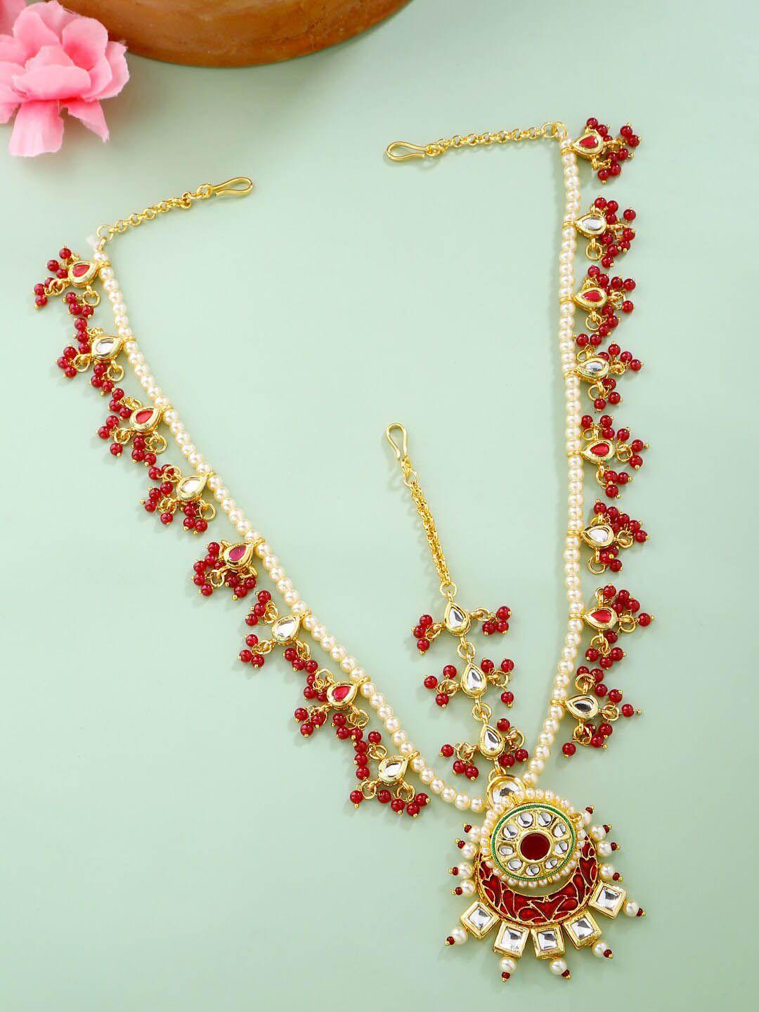 viraasi gold-plated red & white kundan-studded & beaded bridal matha patti