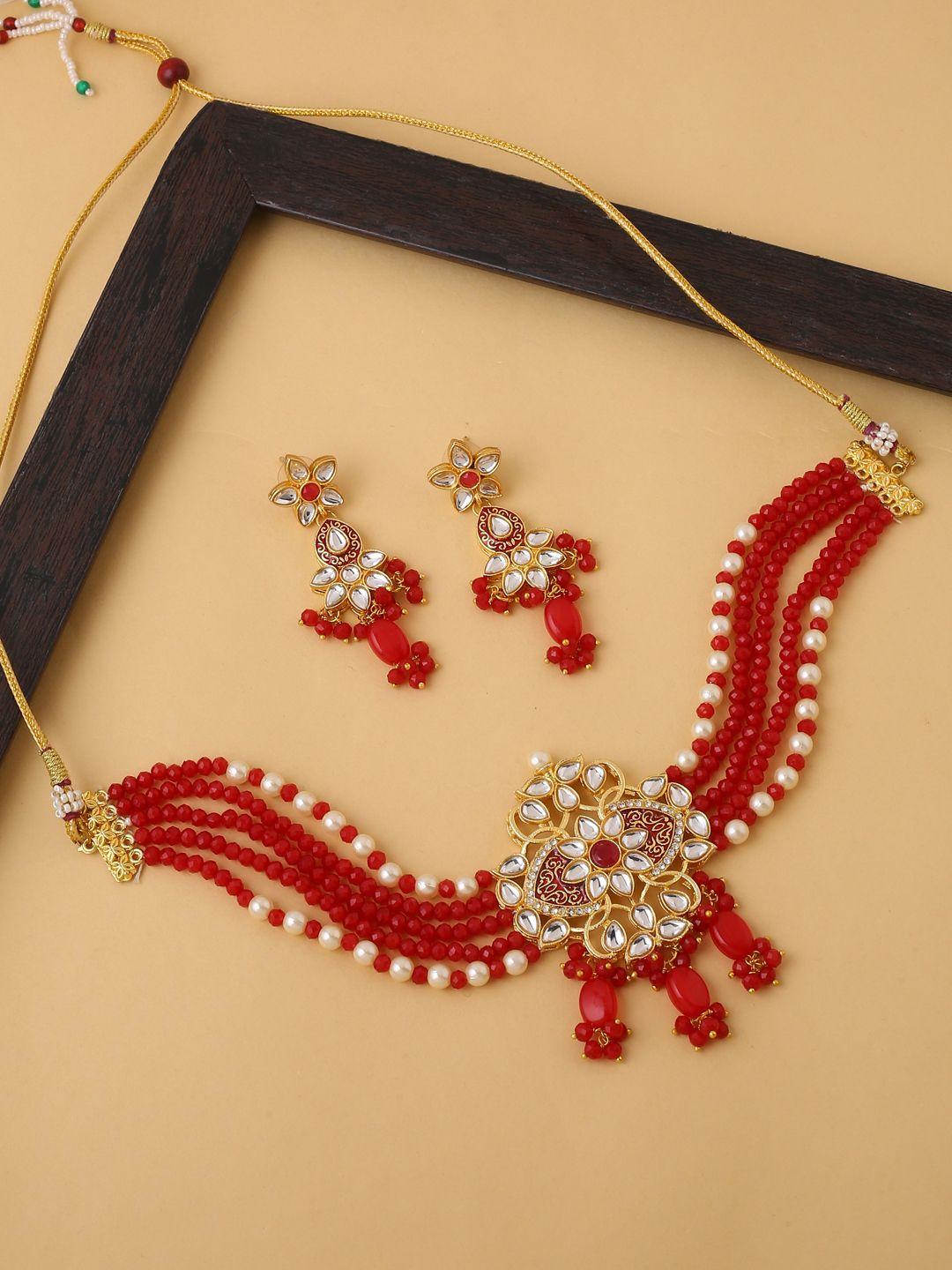 viraasi gold-plated red & white kundan-studded embellished choker jewellery set
