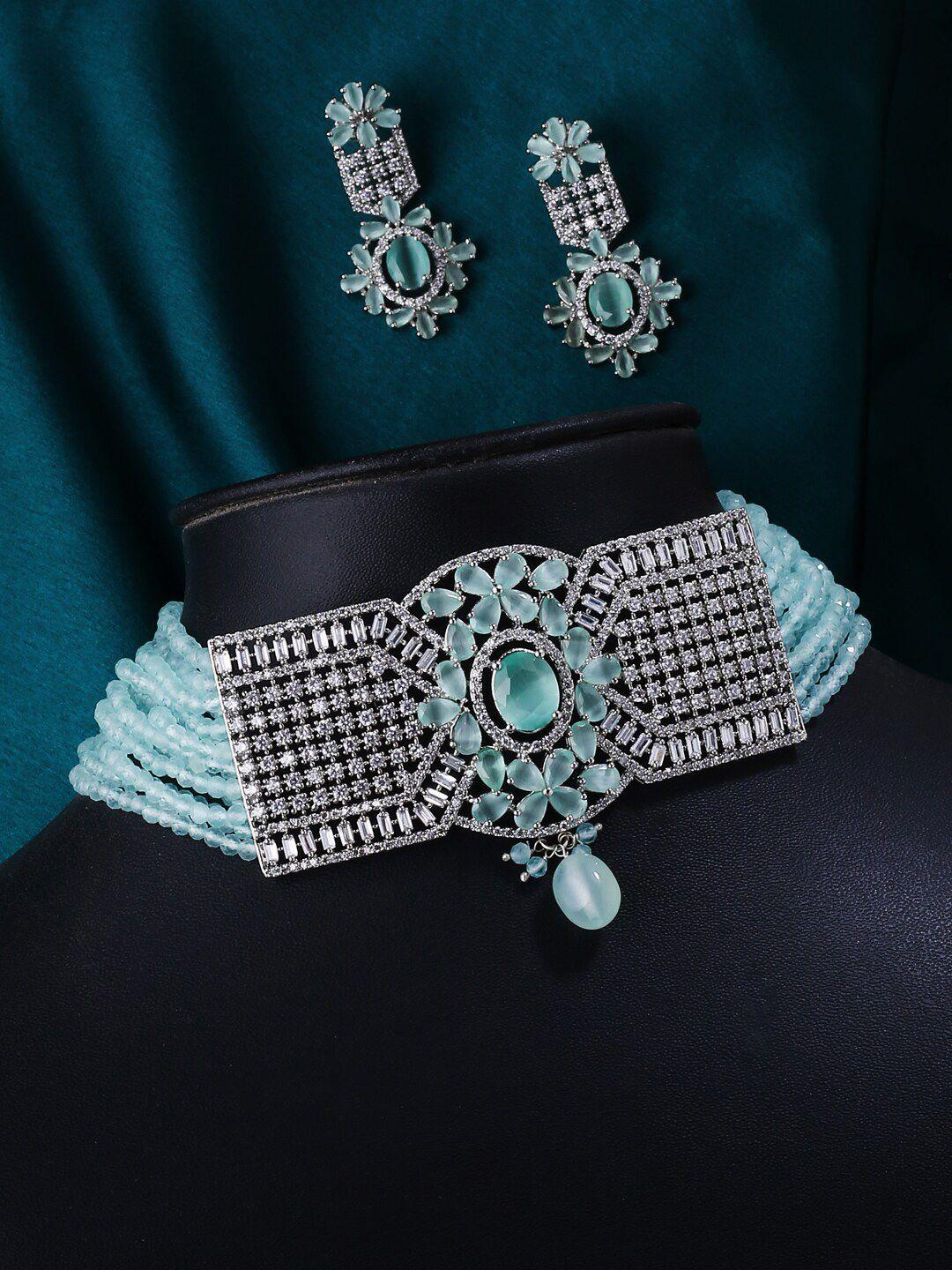 viraasi silver-plated turquoise blue & white cz-studded jewellery set