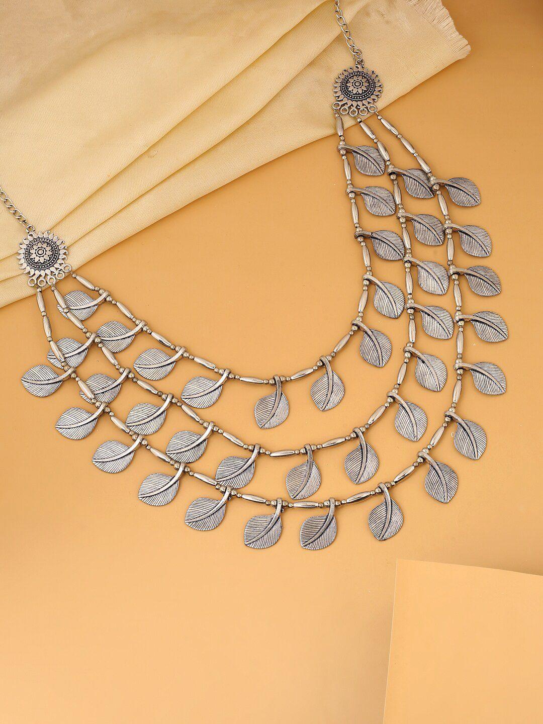 viraasi women silver-toned layered oxidised leaf necklace