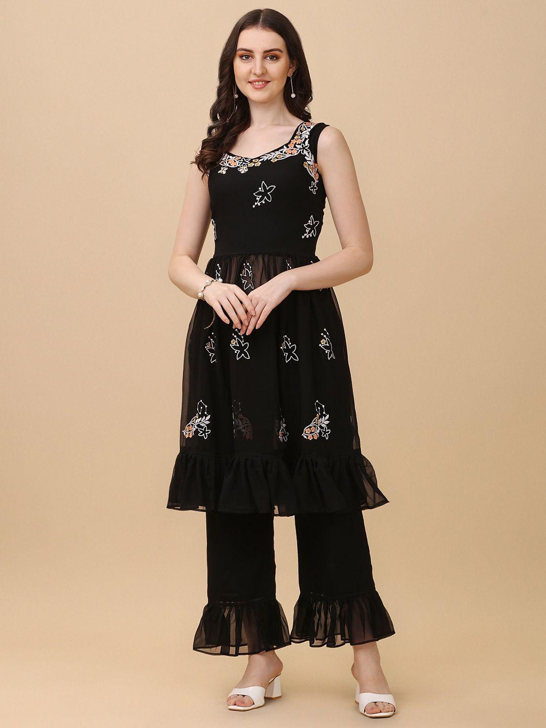 virah fashion women black floral embroidered empire thread work kurta with palazzos