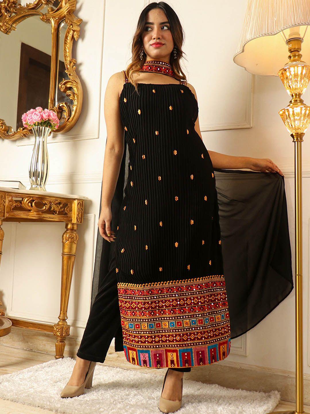 virah fashion women black floral embroidered regular thread work kurta with trousers & with dupatta