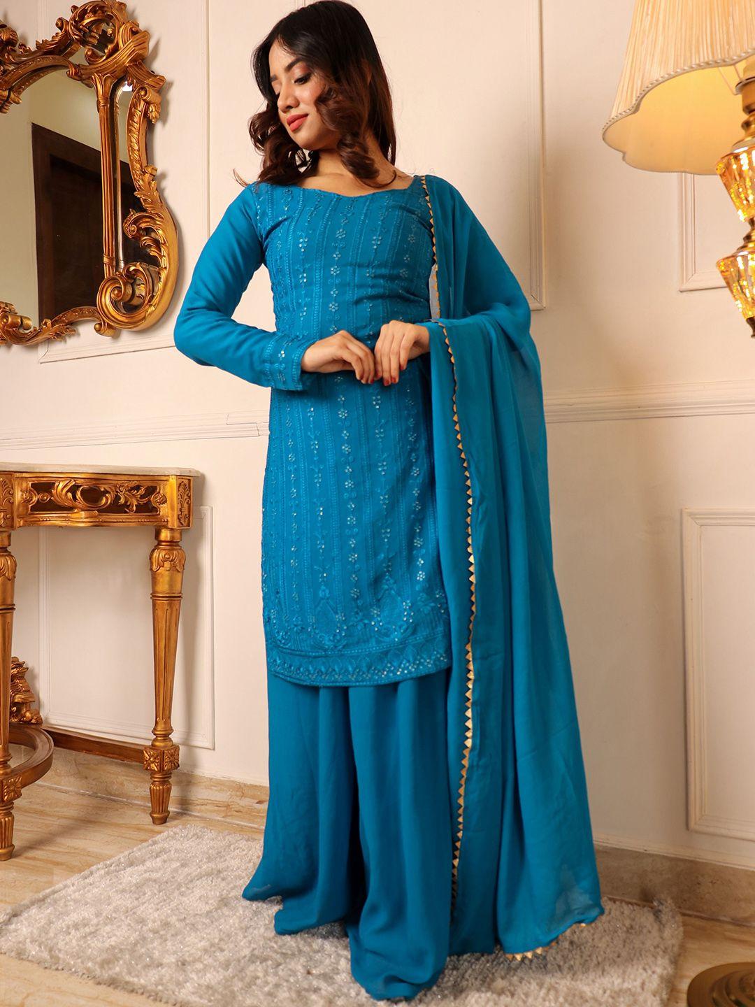 virah fashion women blue embroidered regular chikankari silk georgette kurta with palazzos & with dupatta
