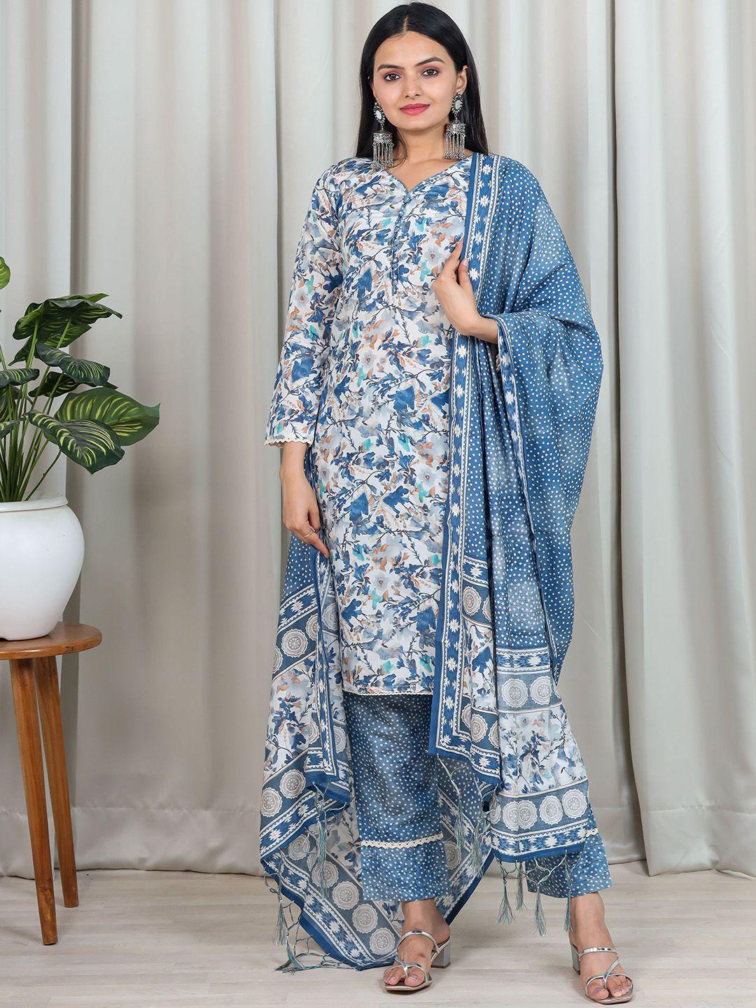 virah fashion women blue floral printed regular chanderi cotton kurta with trousers & with dupatta