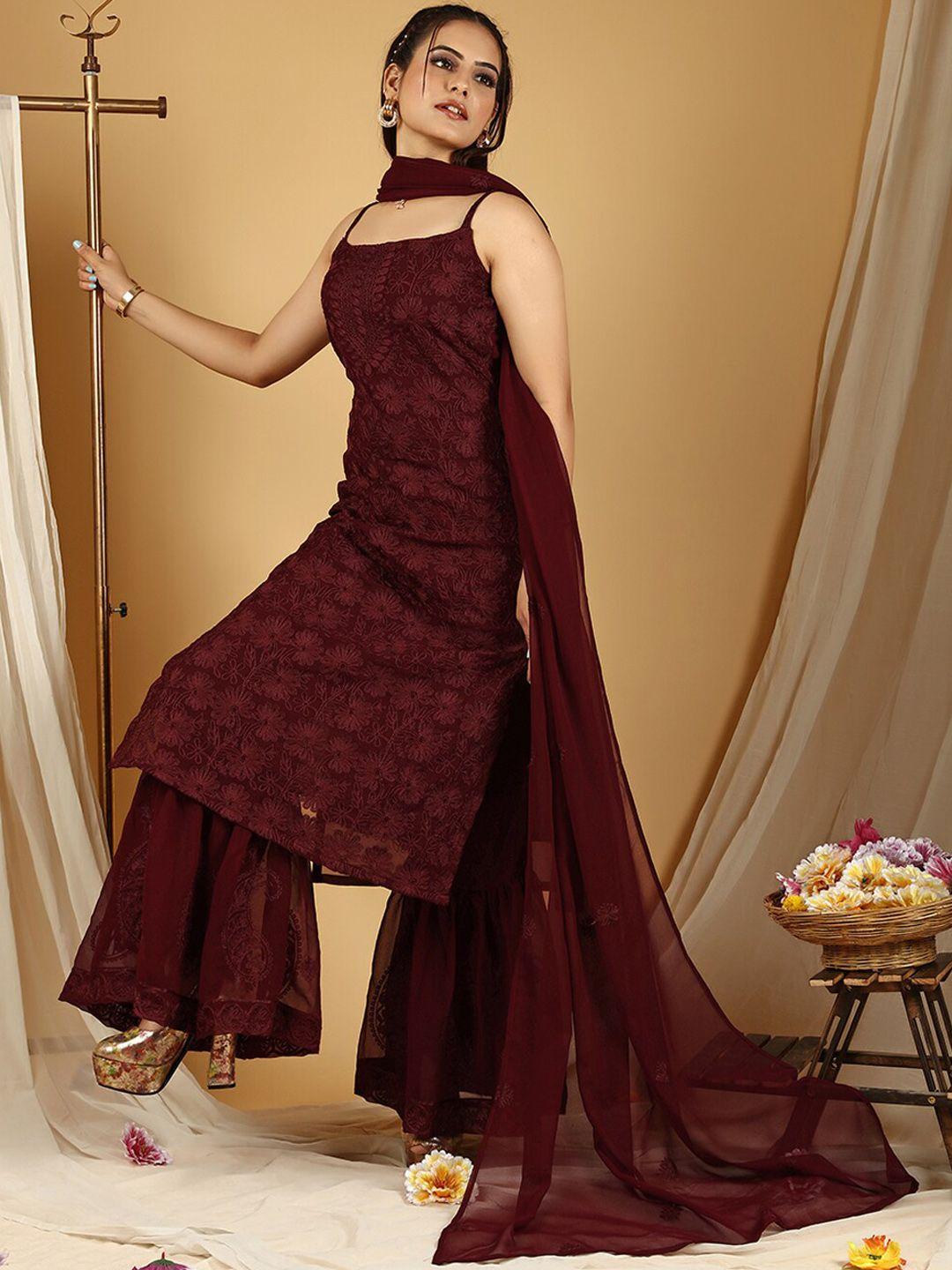 virah fashion women coffee brown floral embroidered regular thread work kurta with sharara & with dupatta