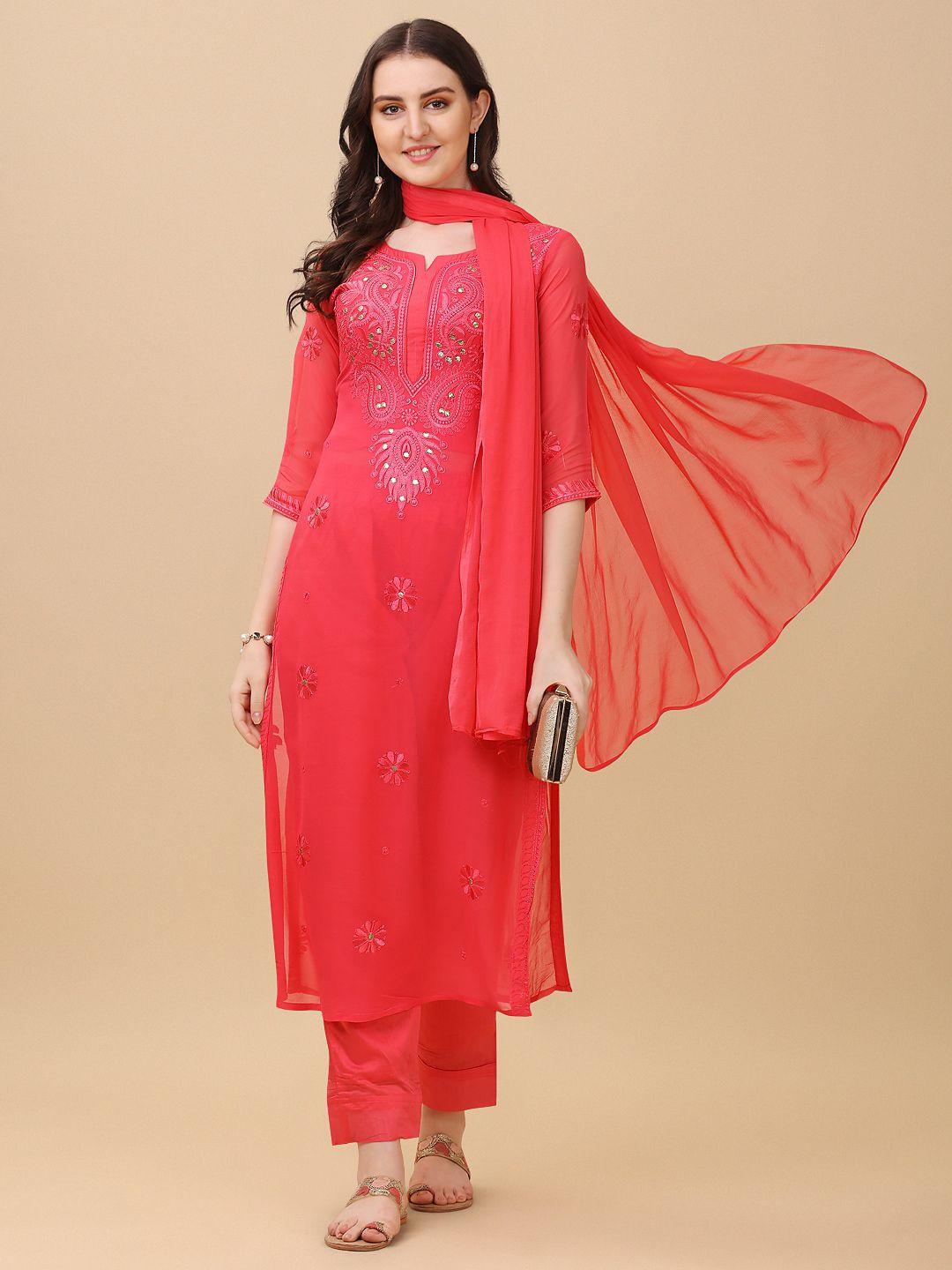 virah fashion women coral floral embroidered thread work silk georgette kurta with trousers & with dupatta