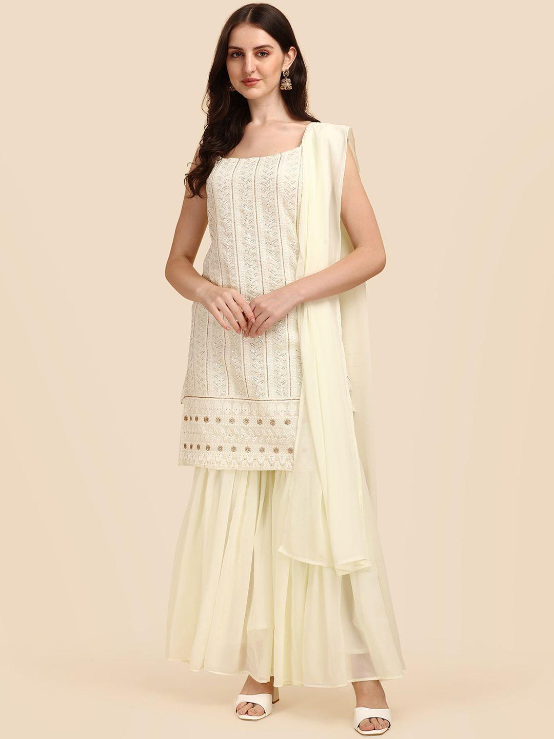 virah fashion women cream-coloured chikankari kurta with palazzos & with dupatta