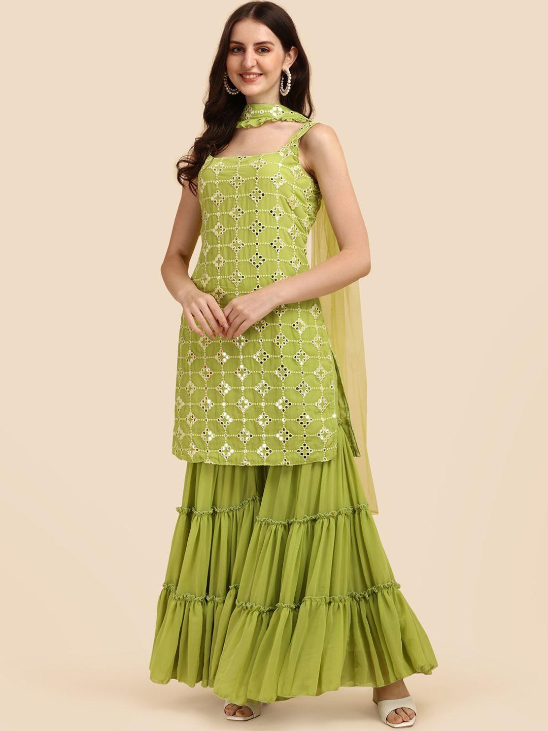 virah fashion women lime green embroidered regular thread work silk georgette kurta with sharara & with