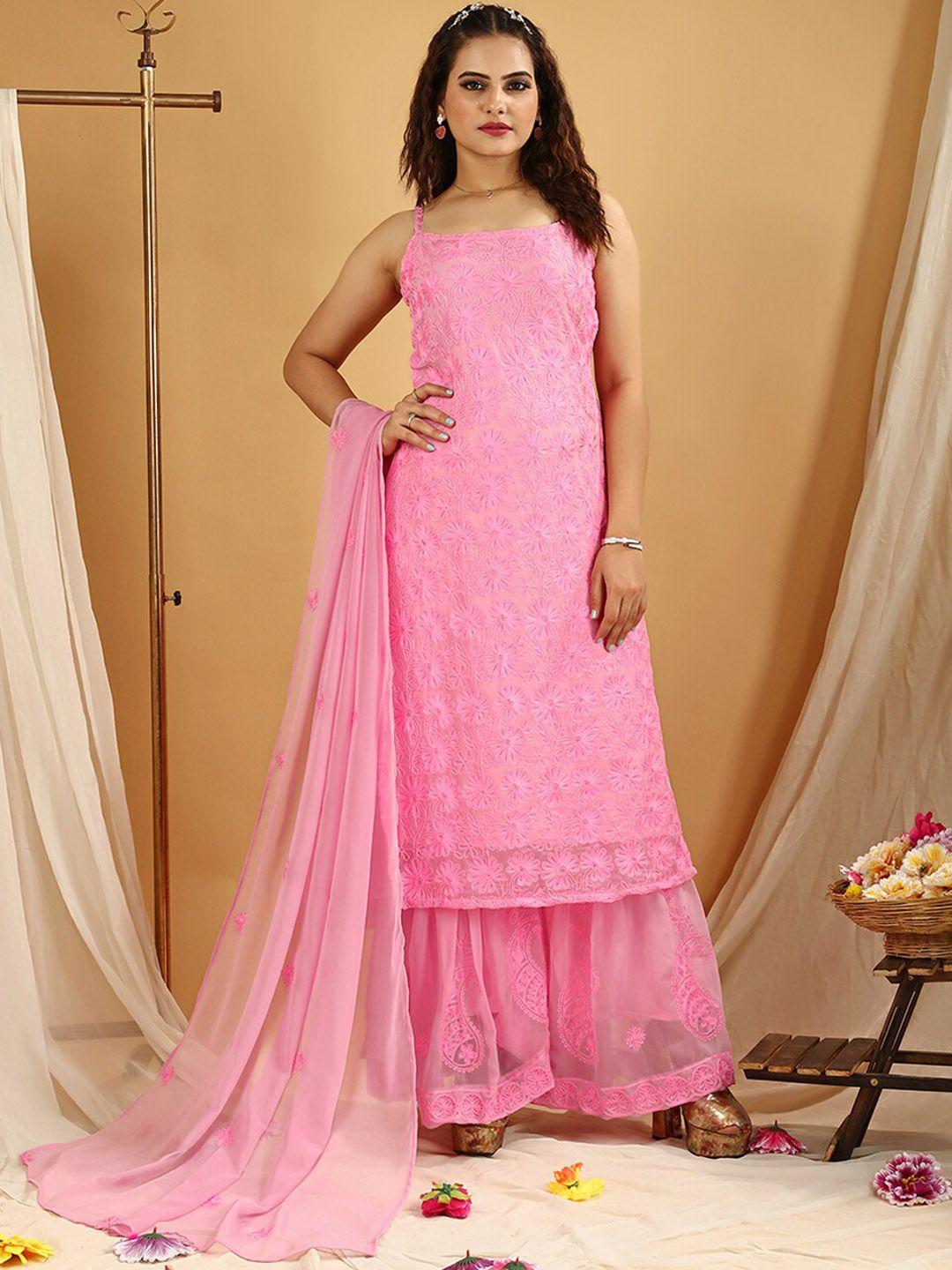 virah fashion women pink floral embroidered regular thread work kurta with sharara & with dupatta