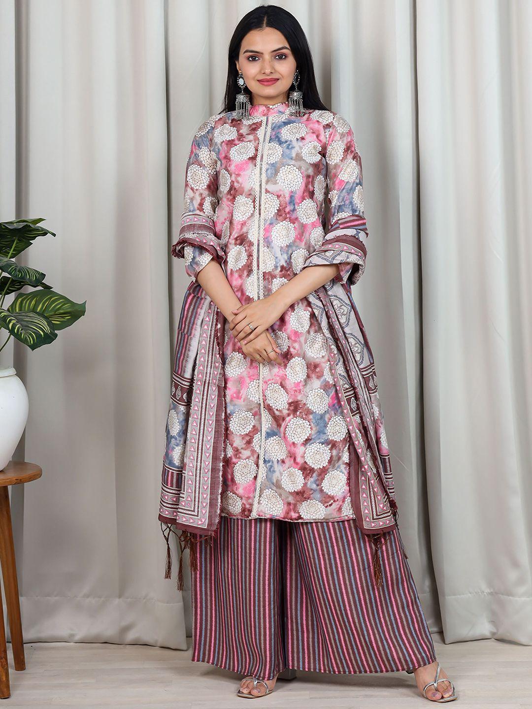 virah fashion women pink floral printed regular chanderi cotton kurta with palazzos & with dupatta